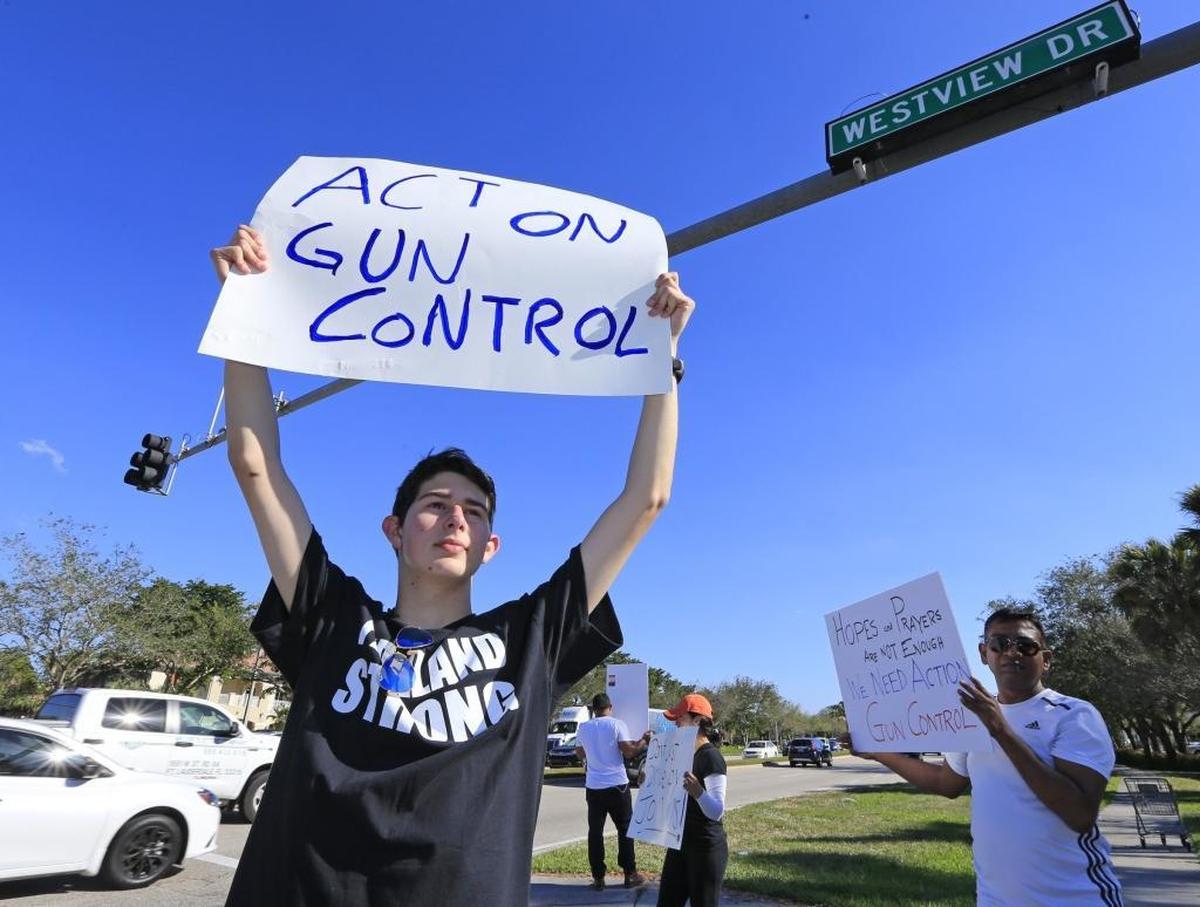 Josh Levine, 17, a student from Marjory Stoneman Douglas High School, stands at the corner of Westview Drive and University Drive, protesting for tighter gun control on Feb. 16.