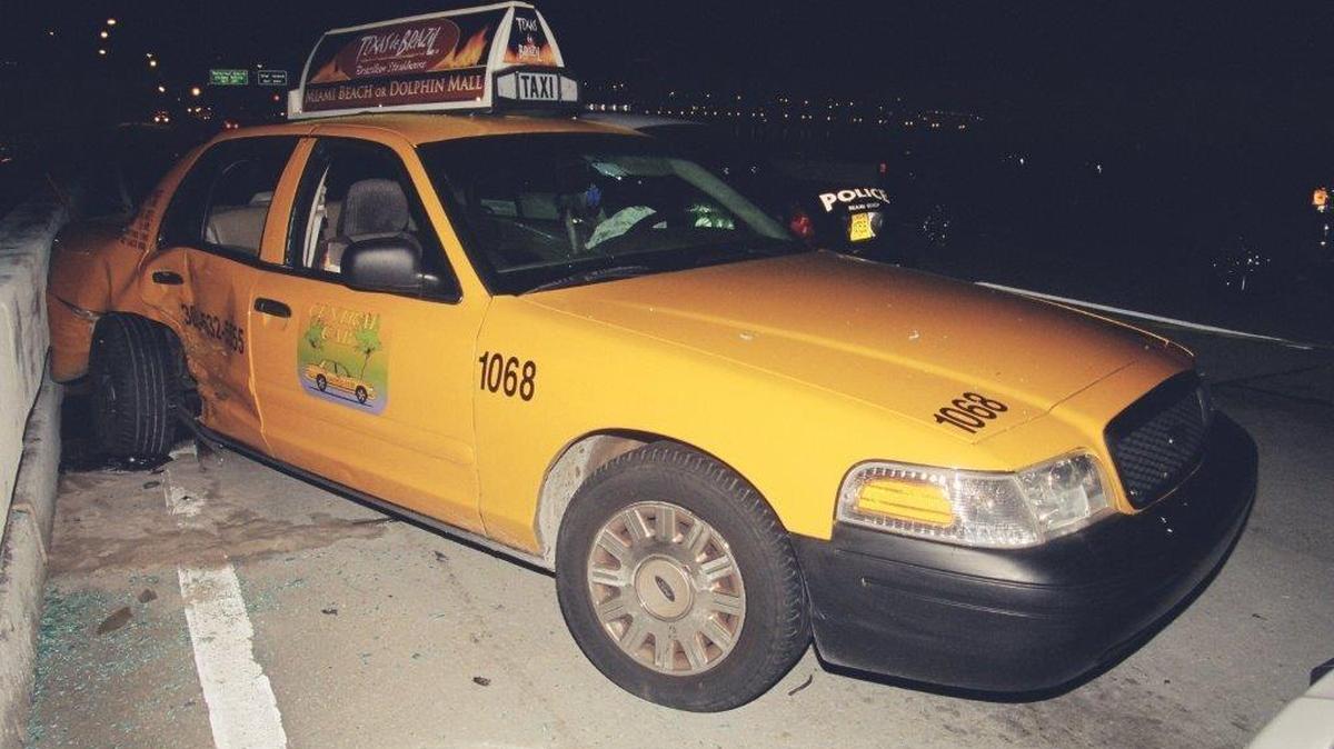 A photo of the taxi cab stolen by Lawrence McCoy, who crashed after a police chase on the MacArthur Causeway in 2009. He was shot to death by police.