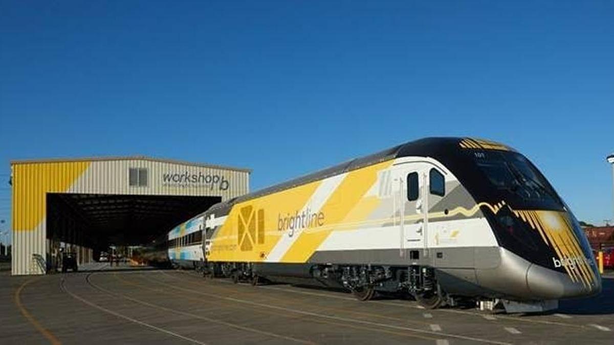 The first Brightline train sits at the West Palm Beach storage and maintenance facility.