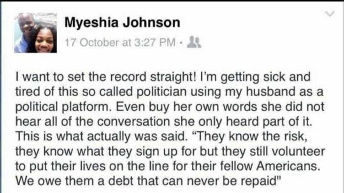 Myeshia Johnson — the widow of fallen American soldier Sgt. La David T. Johnson — told Good Morning America that this Facebook post about U.S. Rep. Frederica Wilson and President Donald Trump is fake.