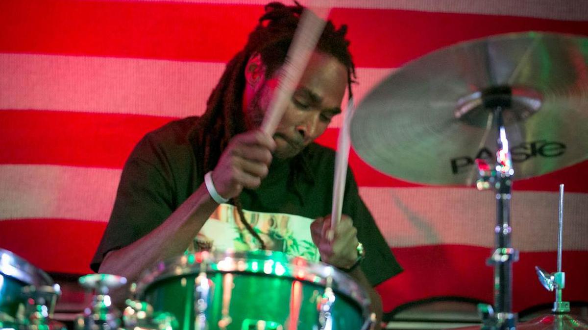 Corey Jones brother, C.J. Jones, plays the drums with the Future Prezidents during a benefit at the Bamboo Room in Lake Worth, Fla., on Oct. 24, 2015.