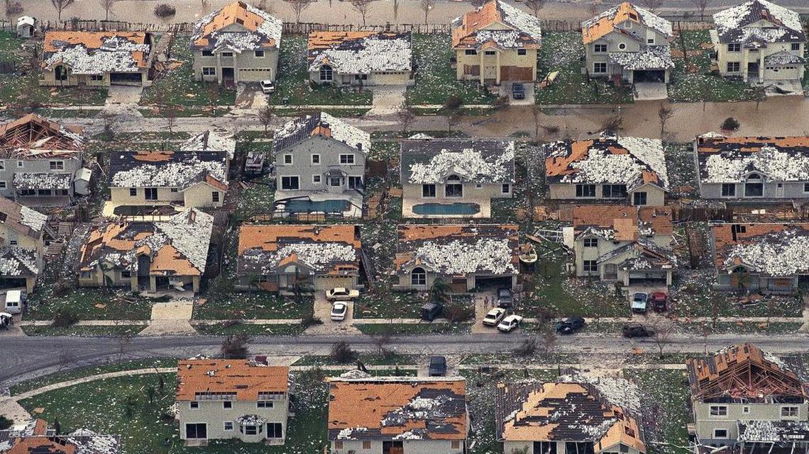 File photo shows rows of houses between Homestead and Florida City that were badly damaged by Hurricane Andrew in 1992.