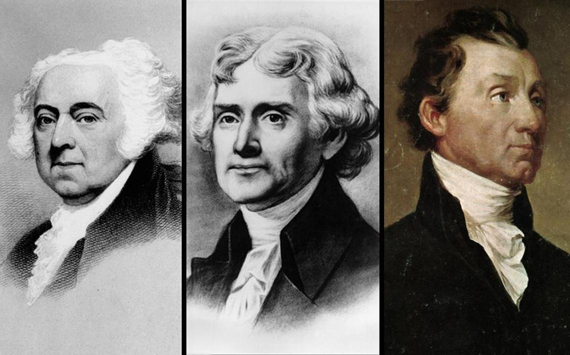 John Adams, left, Thomas Jefferson, center, and James Monroe. These three U.S. presidents all died on July Fourth. Adams and Jefferson died within hours of each other in 1826. Monroe died in 1831.
