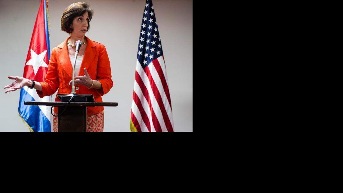 
Assistant Secretary of State for Western Hemisphere Affairs Roberta S. Jacobson talks during a press briefing during the second day of talks with Cuban officials, in Havana, Cuba, Thursday, Jan. 22, 2015. She will lead the U.S. delegation at the second round of talks Friday in Washington. 
