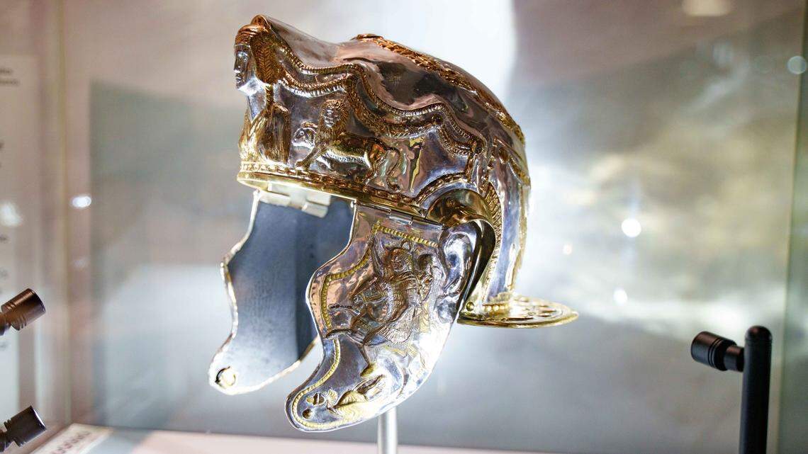 An ancient Roman cavalry helmet discovered in 2001 will go on display in the U.K., museum officials said. This is the replica.