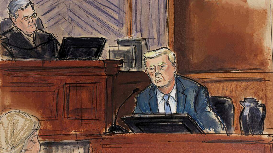 In this courtroom sketch, Donald Trump testifies in federal court on Jan. 25 as Judge Lewis Kaplan, left, listens, in New York, (Elizabeth Williams via AP)