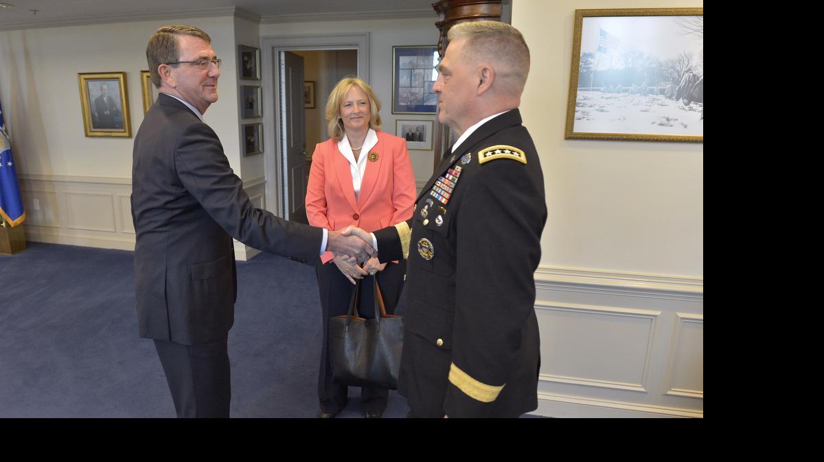 
Secretary of Defense Ash Carter greets Army Gen. Mark Milley in his office shortly before a press conference announcing that he is nominating him as Army Chief of Staff May 13, 2015. Once confirmed, Milley will succeed Army Gen. Raymond Odierno.
