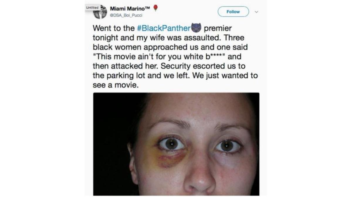 Twitter users have been using photos of domestic violence victims to falsely claim they were assaulted at “Black Panther” screenings.