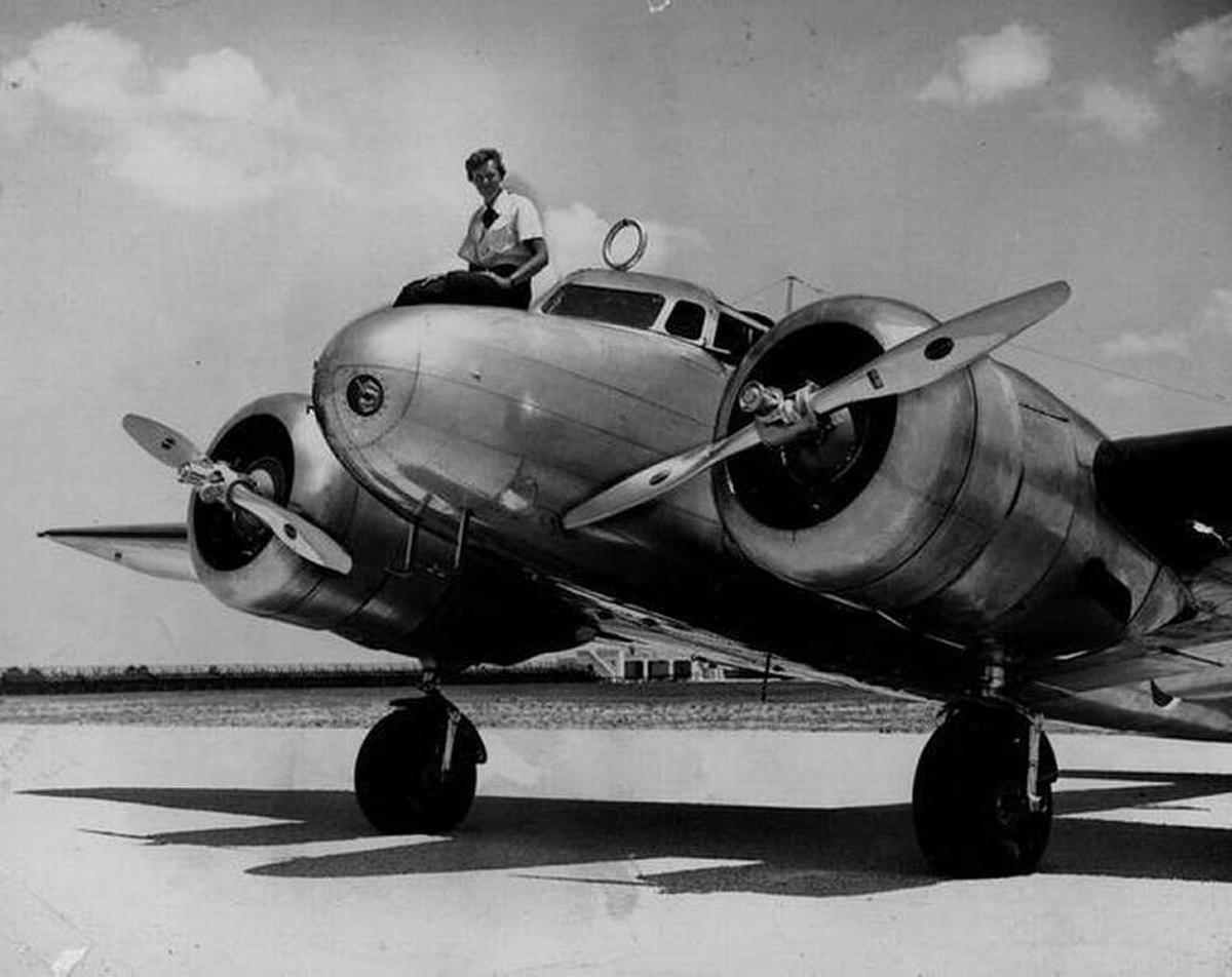 Amelia Earhart at Miami before takeoff on round-world flight. Field has been renamed Amelia Earhart Field.