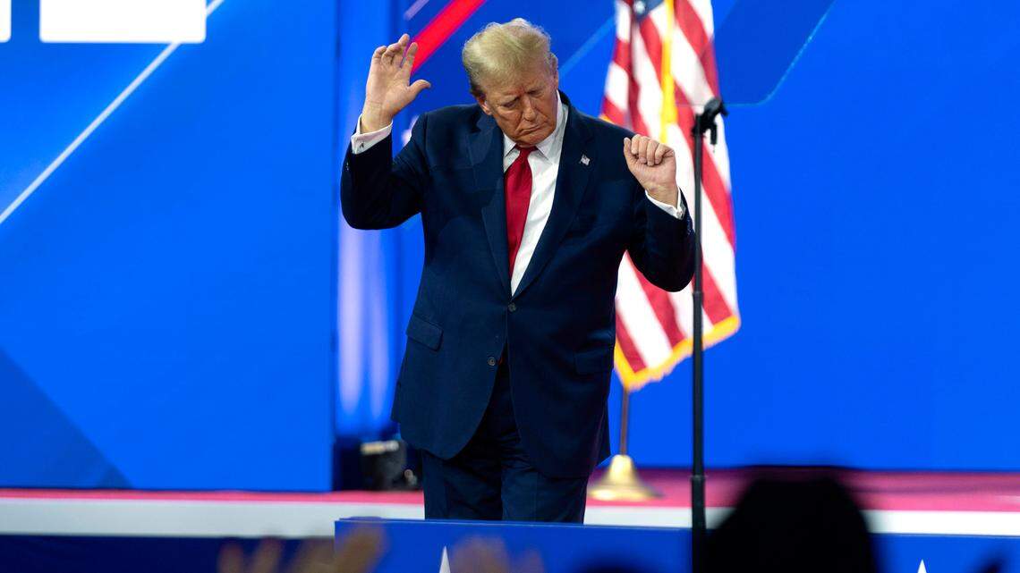Republican presidential candidate former President Donald Trump dances during the Conservative Political Action Conference, CPAC 2024, at the National Harbor, in Oxon Hill, Md., Saturday, Feb. 24, 2024. (AP Photo/Jose Luis Magana)
