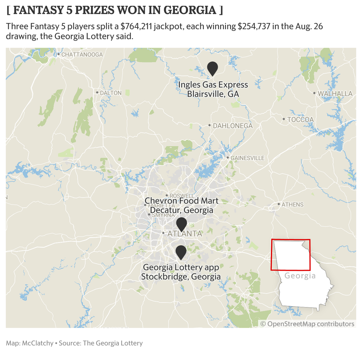 Three lottery players tied to win a $764,000 jackpot prize in Georgia, officials said.