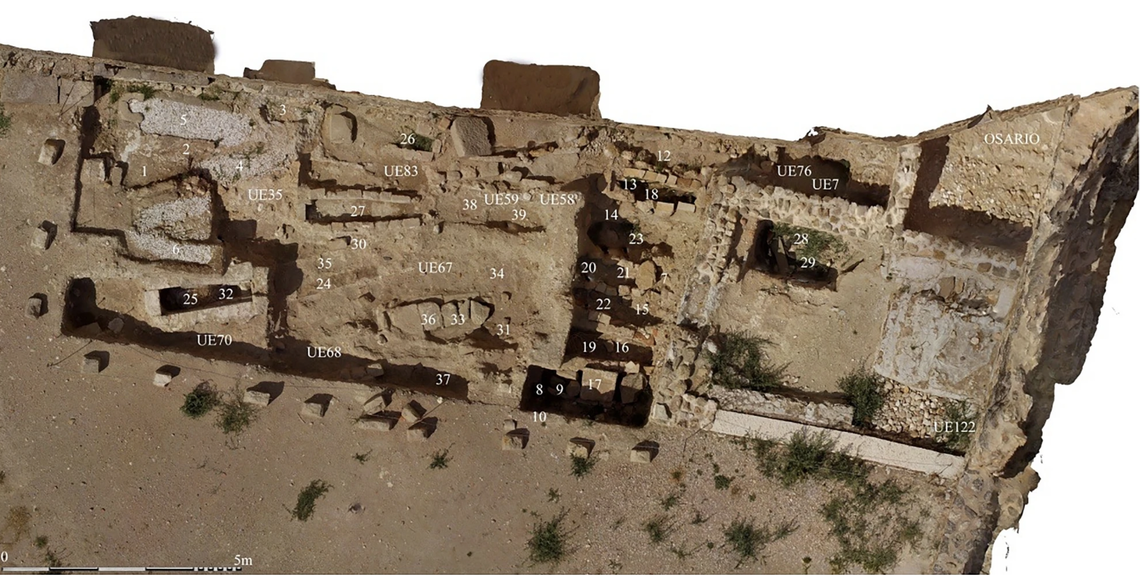 An aerial view of the cemetery at the castle of Zorita de los Canes