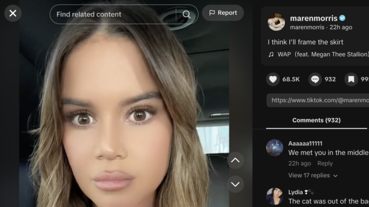 Country music star Maren Morris reacts after scandalous wardrobe malfunction on stage