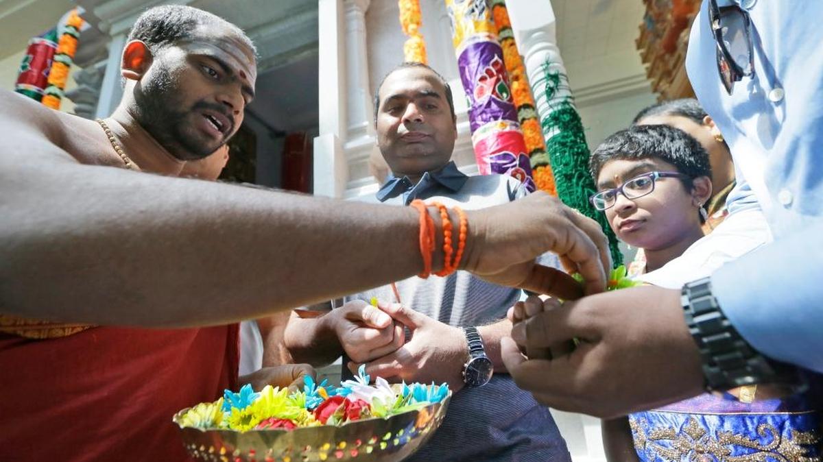 Devotees participate in a ritual at the Karya Siddhi Hanuman Temple that serves the Asian Indian community in Frisco, Texas. Asian immigrants make up a large portion of foreign-born migrants moving to Texas.