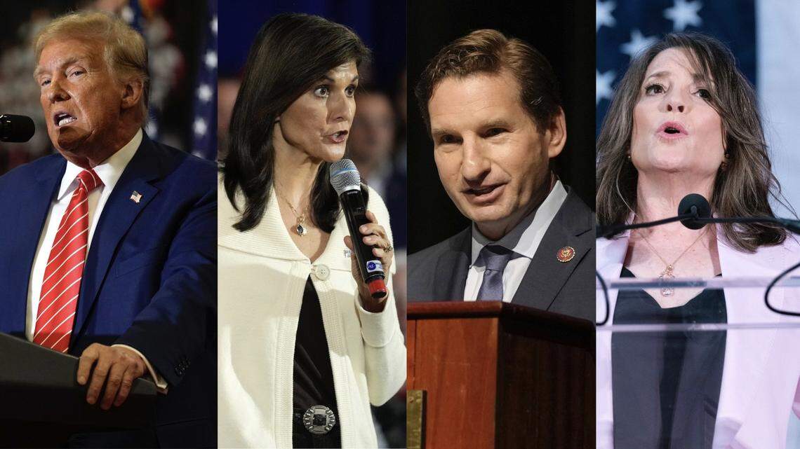 Multiple presidential debates and town halls are scheduled to be aired this week as the nation’s first primaries draw near. Participants include Donald Trump, left, Nikki Haley, Ron DeSantis and Marianne Williamson.