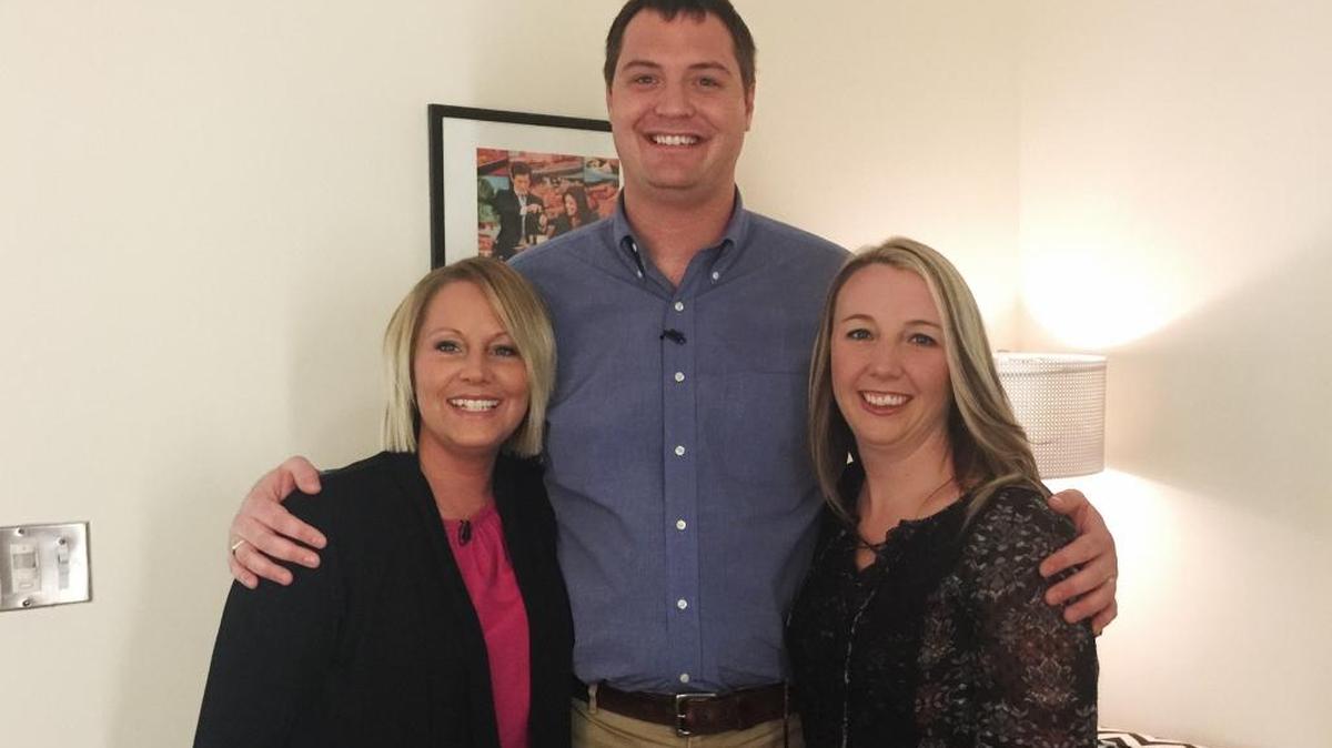 This photo provided by Matt White shows him with Jacoba Ballard, left, and Julie Harmon in New York before a television interview. The three one-time strangers have also reached out to 21 other men and women, all in their 30s, who’ve been linked through DNA tests as their half-siblings, which they claim is evidence that former fertility doctor Donald Cline is likely their biological father.