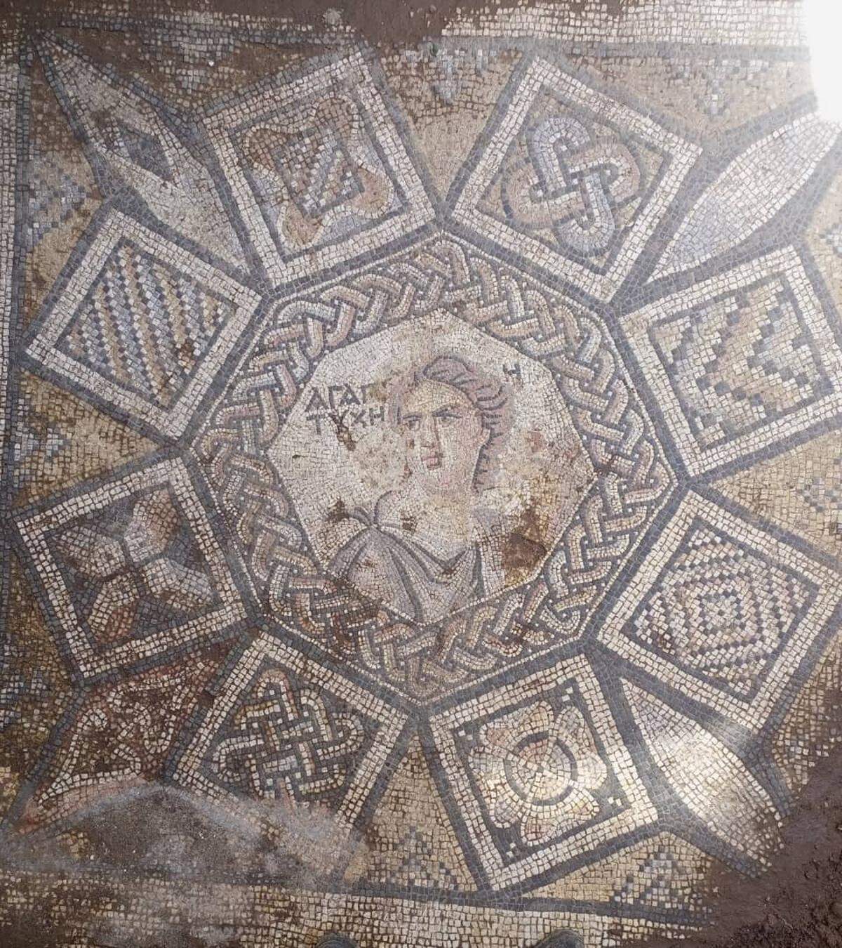 The sprawling mosaic, which measures 14 feet across, depicts the Greek goddess of luck.