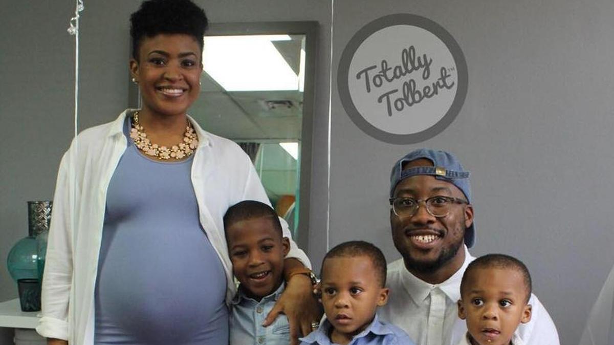 Nia and Robert Tolbert are expecting triplets in March 2018. They're pictured here with their three children — Shai, 6, and 2-year-old twins, Riley and Alexander.