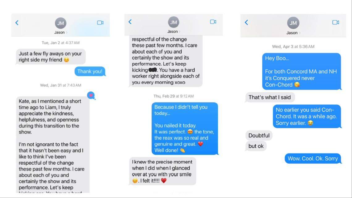 Text message conversations between Merrill and Mikell.