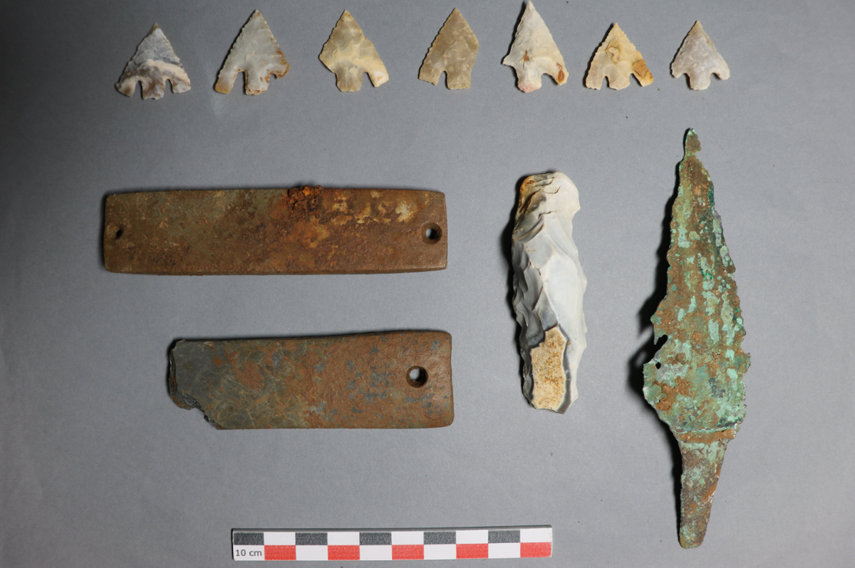 Seven flint arrowheads were among the artifacts found, officials said.