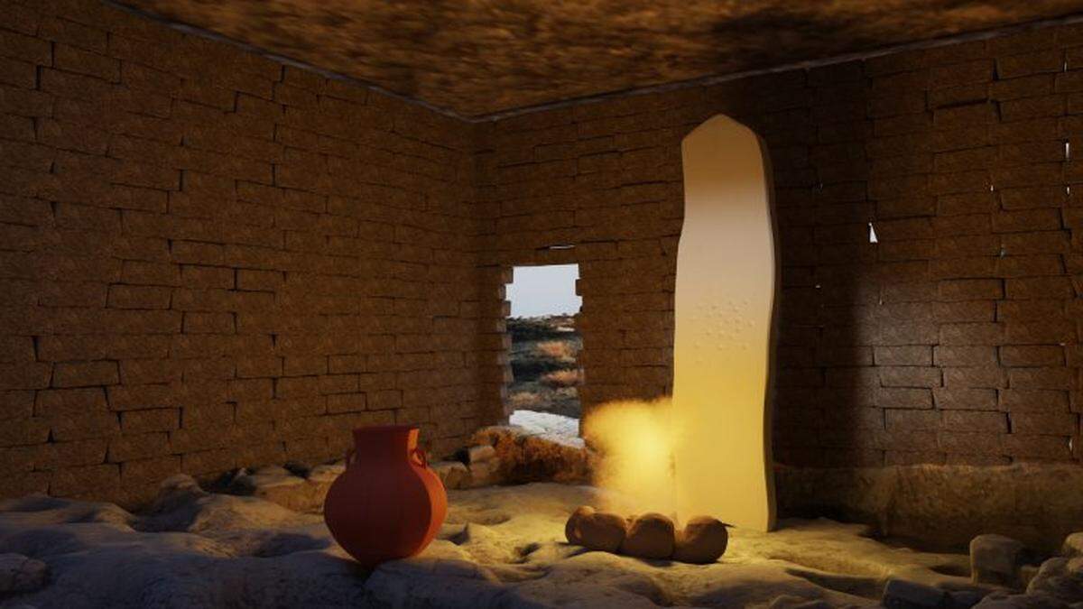 A recreation of the temple, which depicts an amphora, a firepit and a monolith.