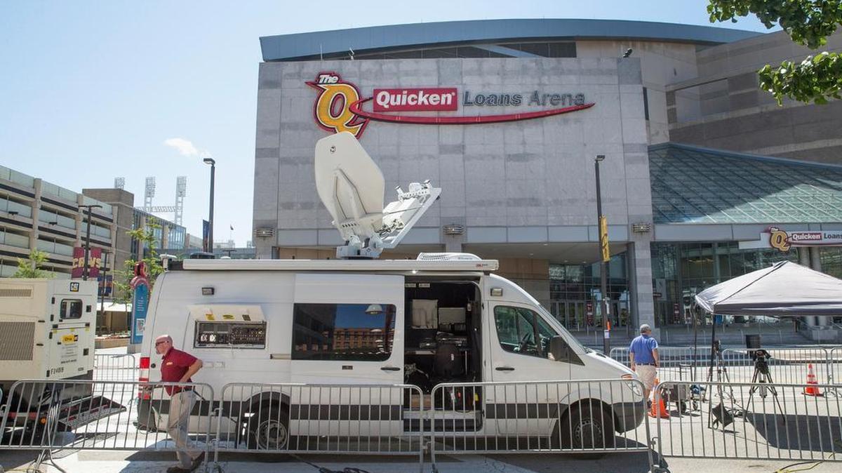
News organizations begin setting up outside the Quicken Loans Arena for the Fox News GOP presidential candidate debate scheduled to take place Thursday evening in Cleveland. The top 10 polling Republican candidates were chosen to participate in the debate. 
