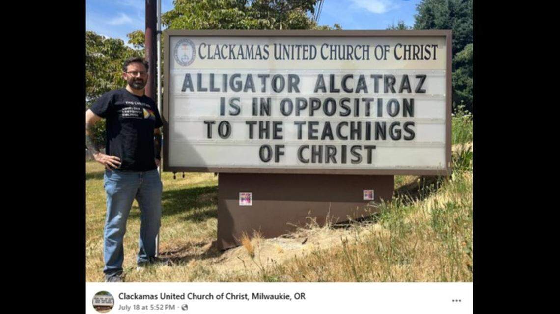 A sign outside of an Oregon church opposing Alligator Alcatraz, a new migrant detention facility in the Florida Everglades, has gone viral, according to the church.