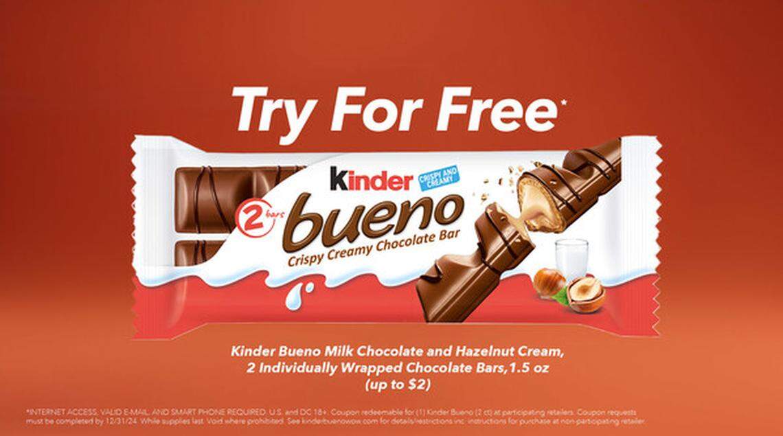 The Kinder Bueno comes with two individually wrapped bars made with milk chocolate and a hazelnut cream filling
