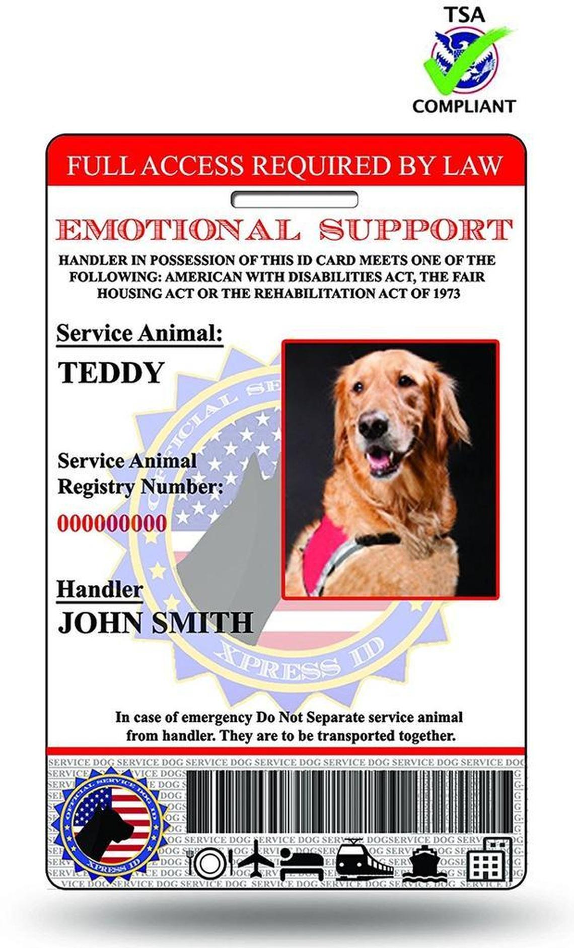 Emotional support animal-identification tag for sale on Amazon.com