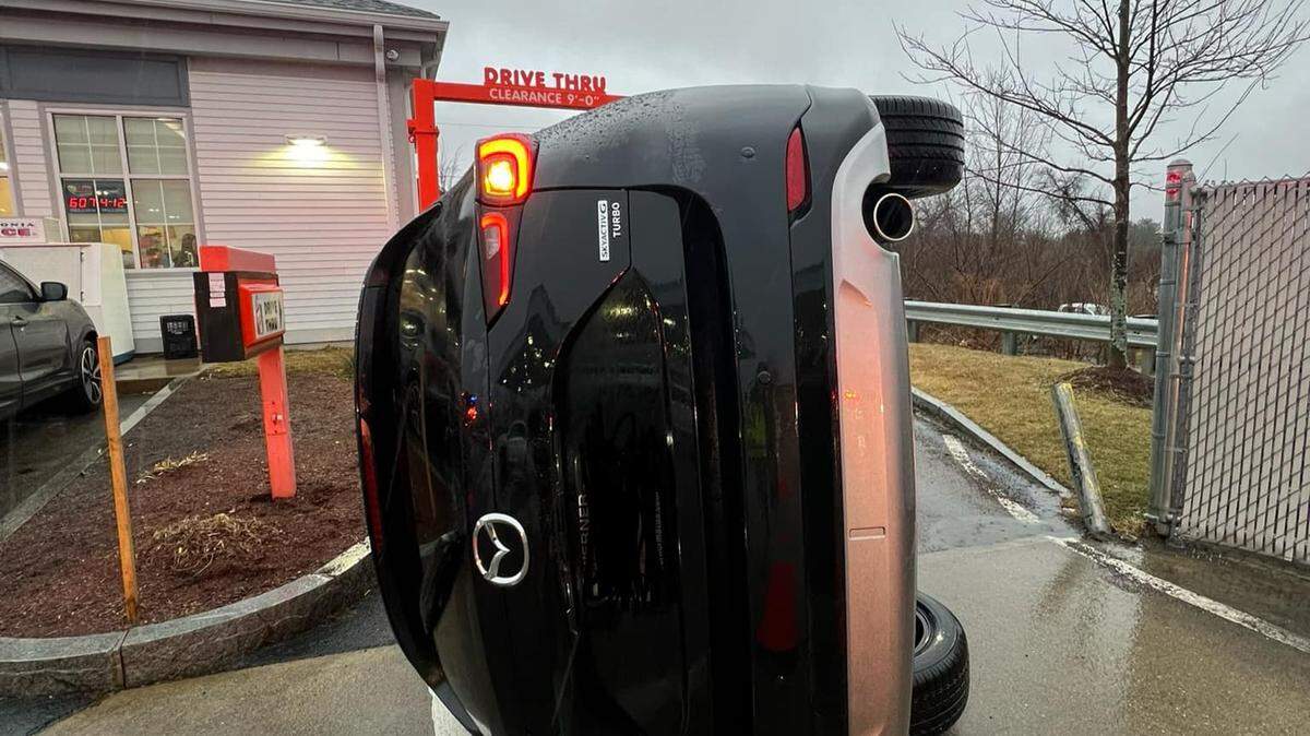 Things went sideways — literally — when a New Hampshire driver entered the Dunkin’ drive-thru.