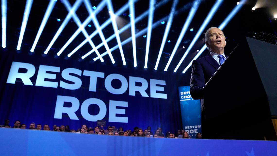President Joe Biden speaks during an event on the campus of George Mason University in Manassas, Virginia, Tuesday, Jan. 23, to campaign for abortion rights. (AP Photo/Susan Walsh)