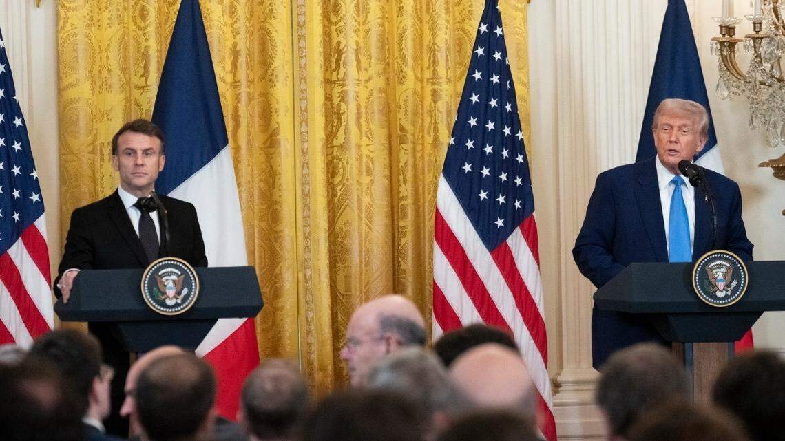 French President Emmanuel Macron and U.S. President Donald Trump at a White House meeting in February.
