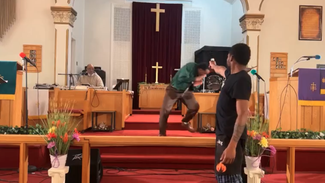 Video from a church sermon shows a man try to shoot at a pastor preaching to a Pennsylania congregation.