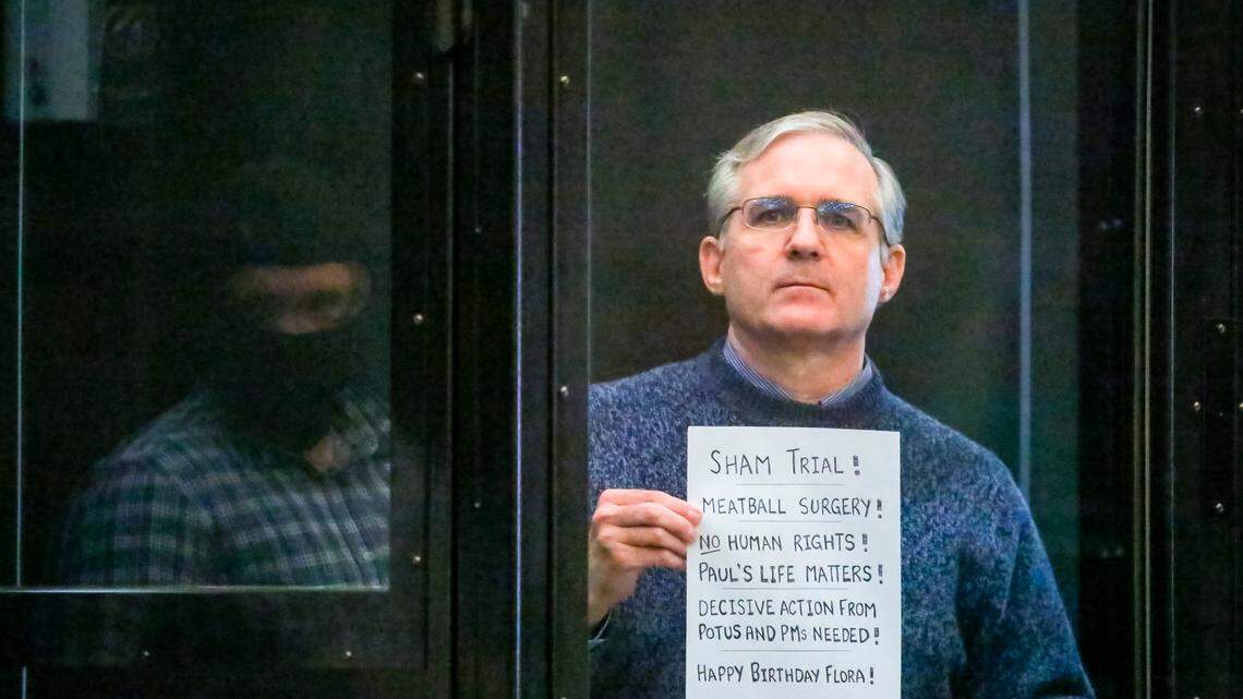 Paul Whelan, a former U.S. marine who was arrested for alleged spying, listens to the verdict in a courtroom at the Moscow City Court in Moscow, Russia, Monday, June 15, 2020.