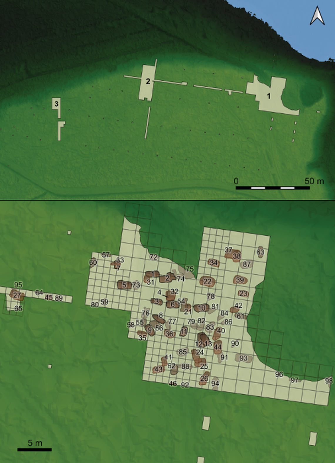 A diagram of the excavated areas and pits