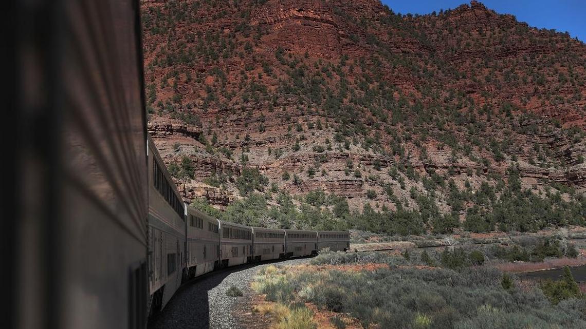 GLENWOOD SPRINGS, CO: Amtrak's California Zephyr rolls along the rails during its daily 2,438-mile trip to Emeryville/San Francisco from Chicago that takes roughly 52 hours. President Trump has proposed a national budget that would terminate federal support for Amtrak's long distance train services.