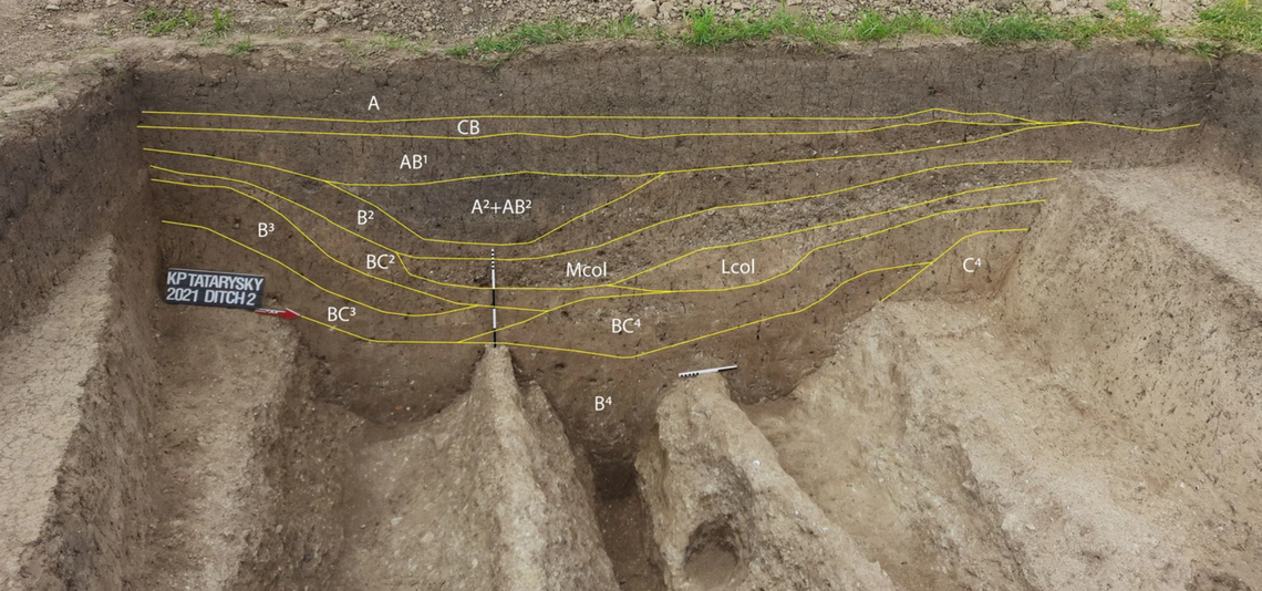 Layers of sediment within a portion of the ditch