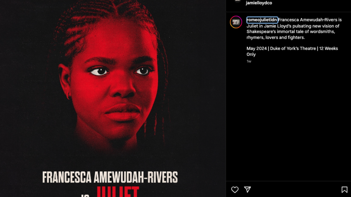 The announcement that Black actress Francesca Amewudah-Rivers would star as Juliet alongside Tom Holland as Romeo in a theater production of the classic play brought on a “barrage of deplorable racial abuse,” the director said on social media.