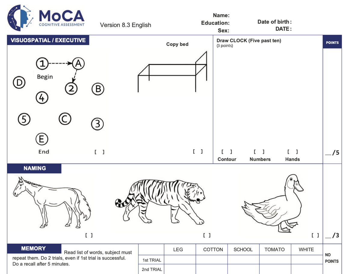 A portion of a the Montreal Cognitive Assessment