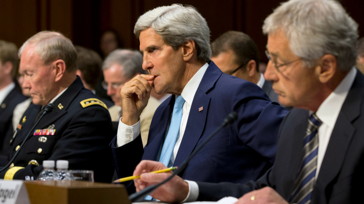 In this 2013 photo, members of former President Barack Obama’s administration — Martin Dempsey, John Kerry and Chuck Hagel — appear before the Senate to make the case for military action in Syria.