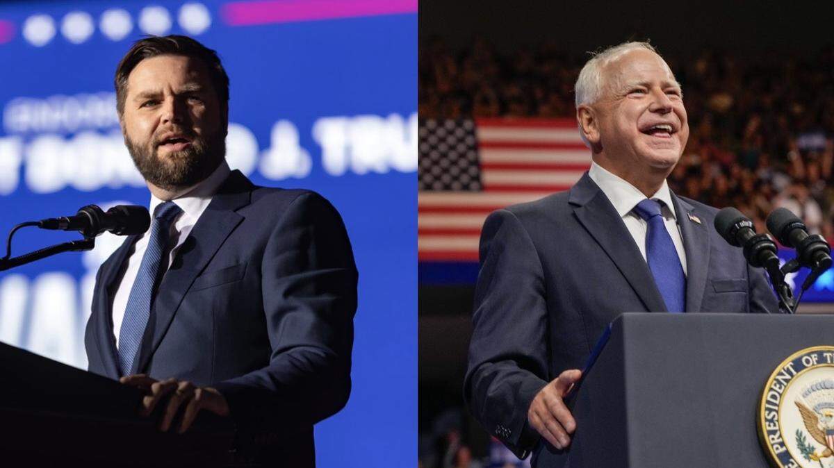 Which vice presidential candidate is more popular, Ohio Sen. J.D. Vance (left) or Minnesota Gov. Tim Walz? A new poll found Walz has higher favorability ratings, driven in part by independents.