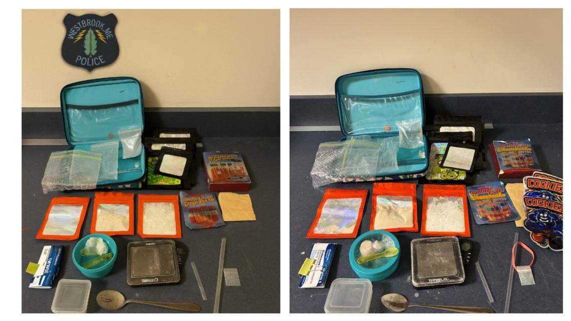 A police department in Maine used AI to alter the original photo, right, showing contents confiscated in a drug bust.