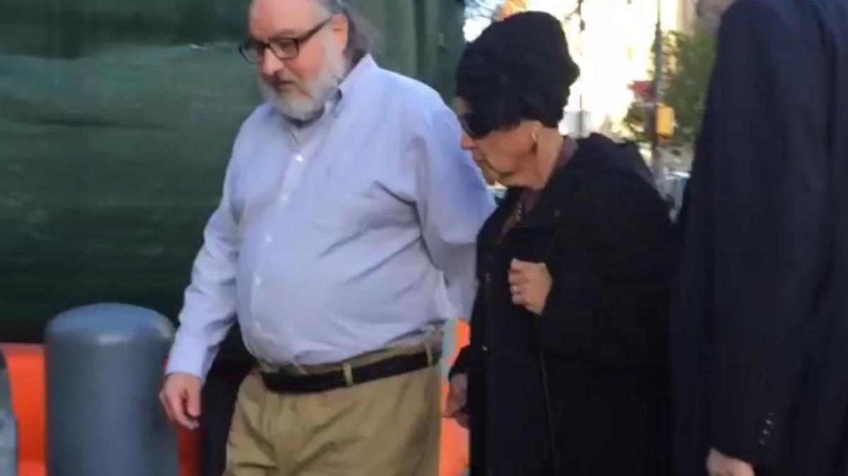 In this still image from video provided by WCBS-TV, convicted spy Jonathan Pollard, left, arrives at a federal courthouse in New York with his wife, Esther, to check in at a probation office just hours after he was released from prison on Friday, Nov. 20, 2015. Pollard's release was the culmination of an extraordinary espionage case that complicated American-Israeli relations for 30 years and became a periodic bargaining chip between two allies.