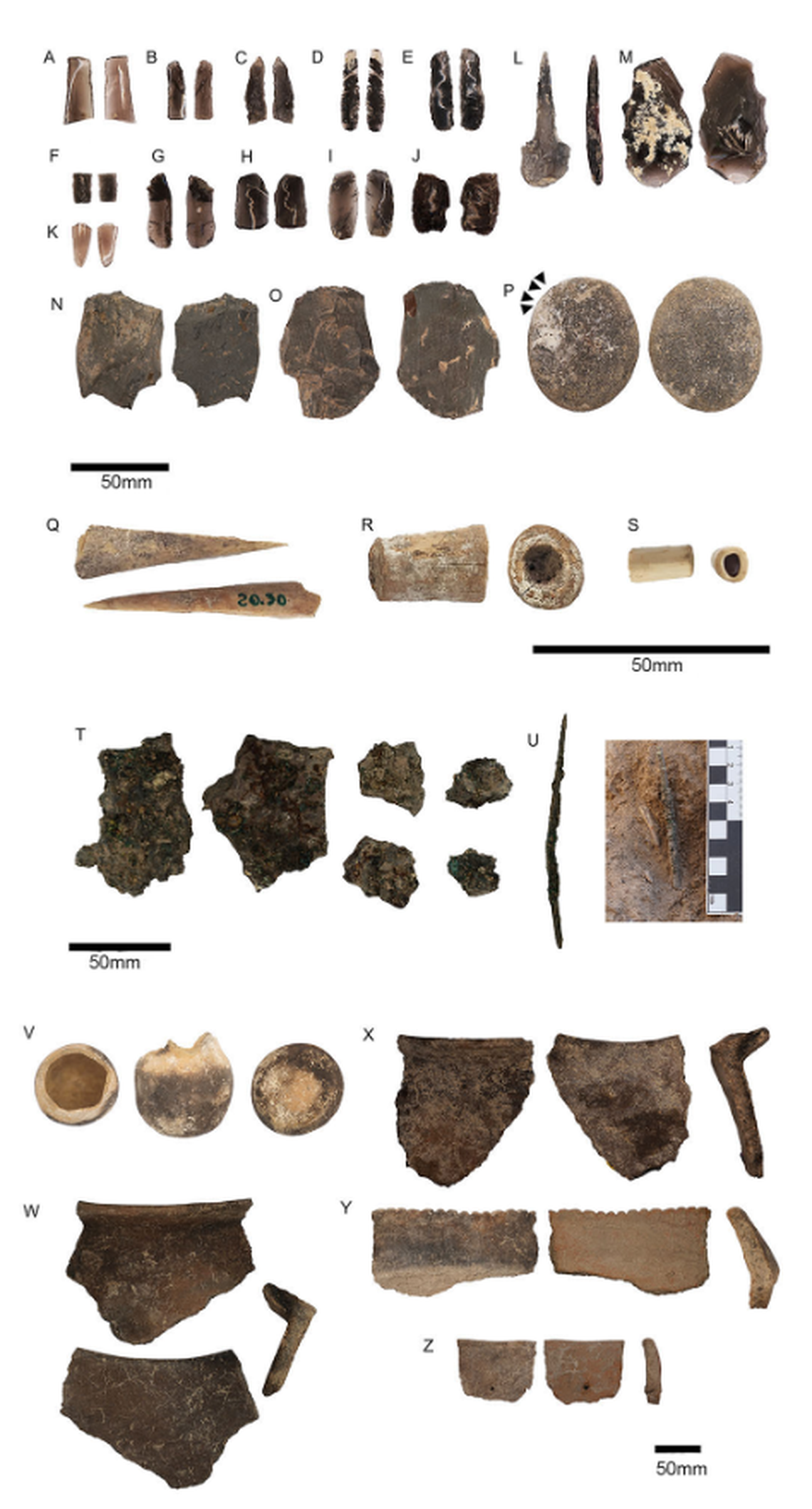 Artifacts found at the site, including obsidian tools, bones and a copper pin