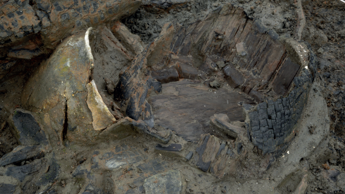 A wooden bucket used as a “recycling bin” was discovered at a Bronze Age settlement in the U.K. Pictured here is one of the multiple wooden buckets found.