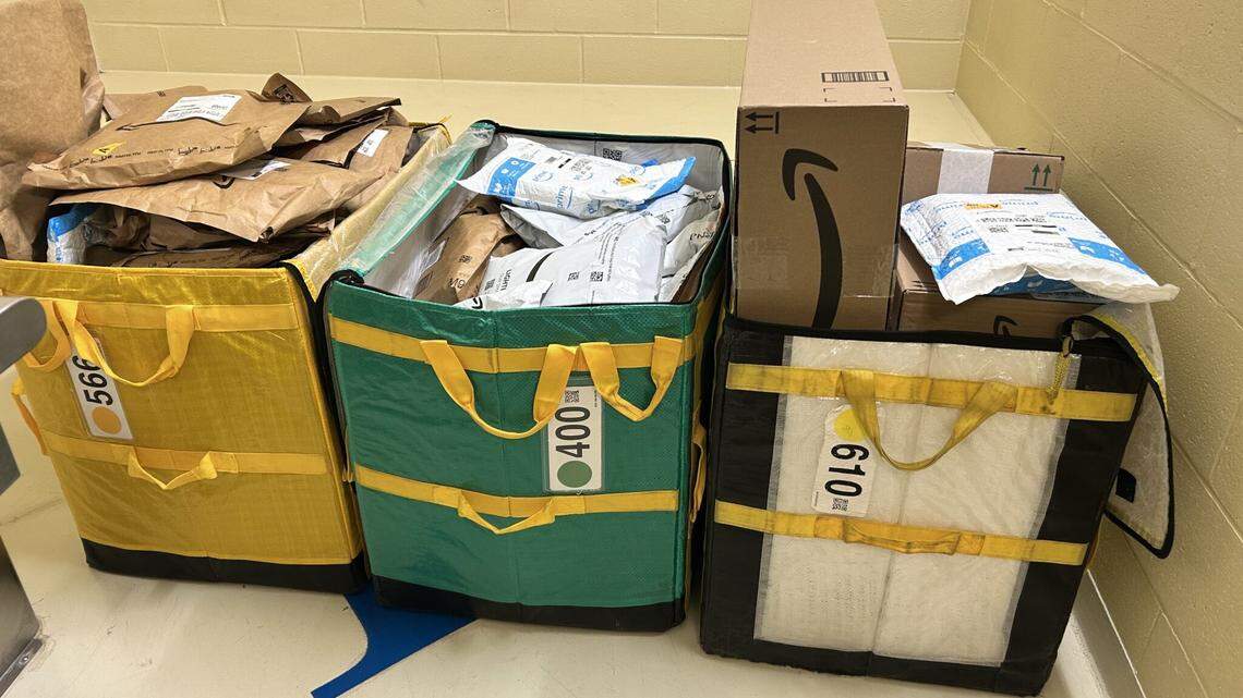 Three totes of Amazon packages were found dumped in a wooded area in Massachusetts.