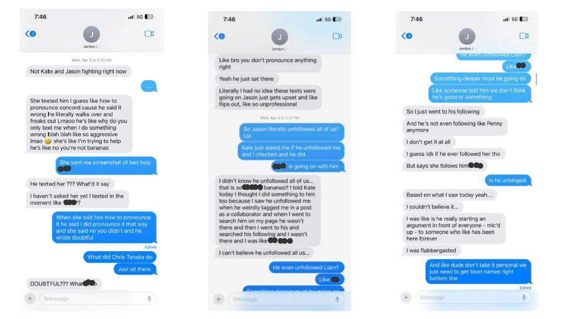 Text messages between co-workers who say they witnessed Mikell and Merrill arguing.