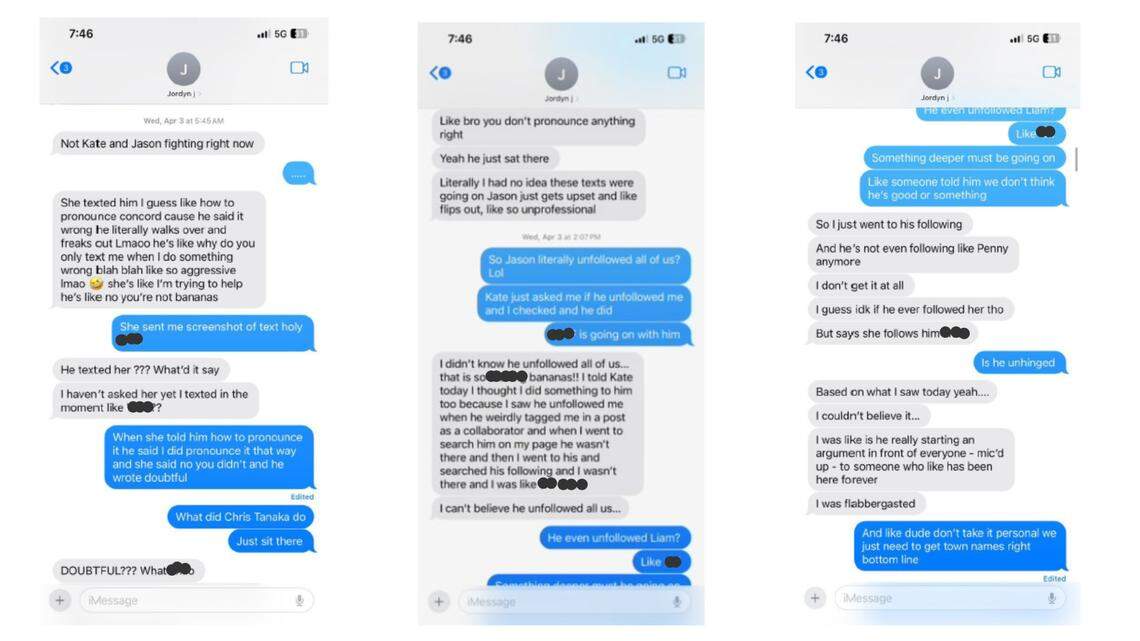 Text messages between co-workers who say they witnessed Mikell and Merrill arguing.