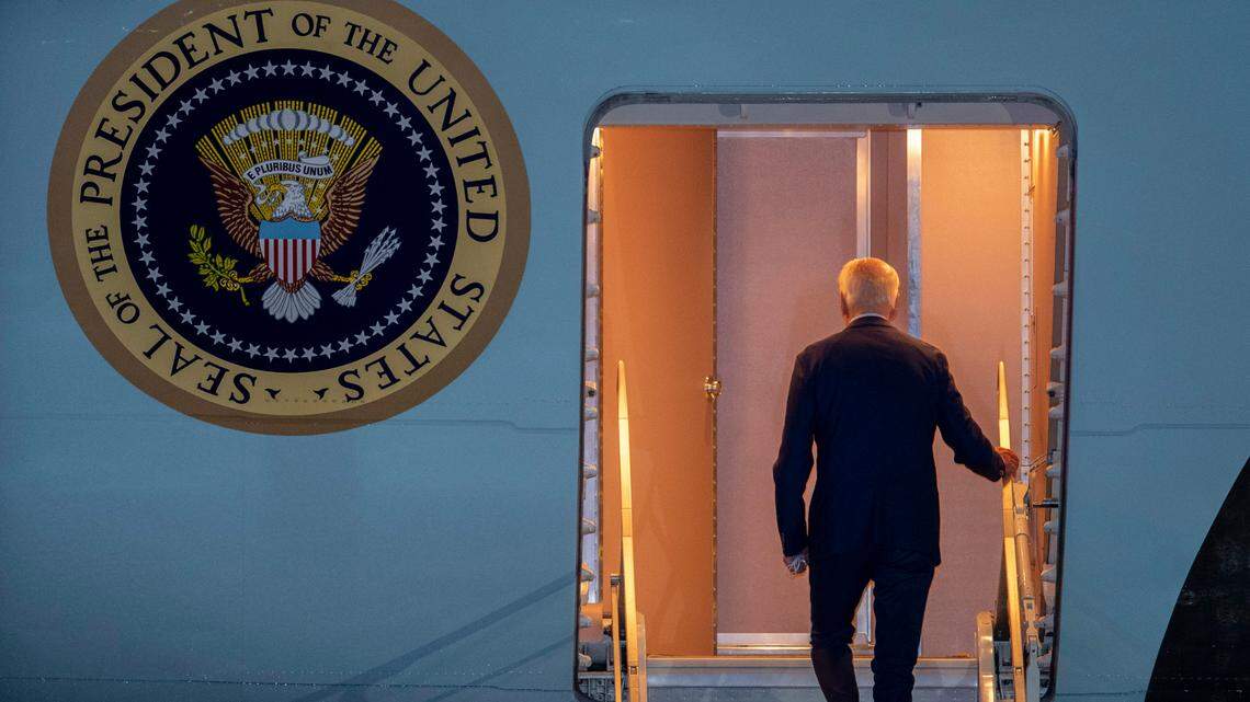 President Joe Biden boards Air Force One for a trip to Israel and Saudi Arabia, Tuesday, July 12, 2022, at Andrews Air Force Base, Md. (AP Photo/Gemunu Amarasinghe)