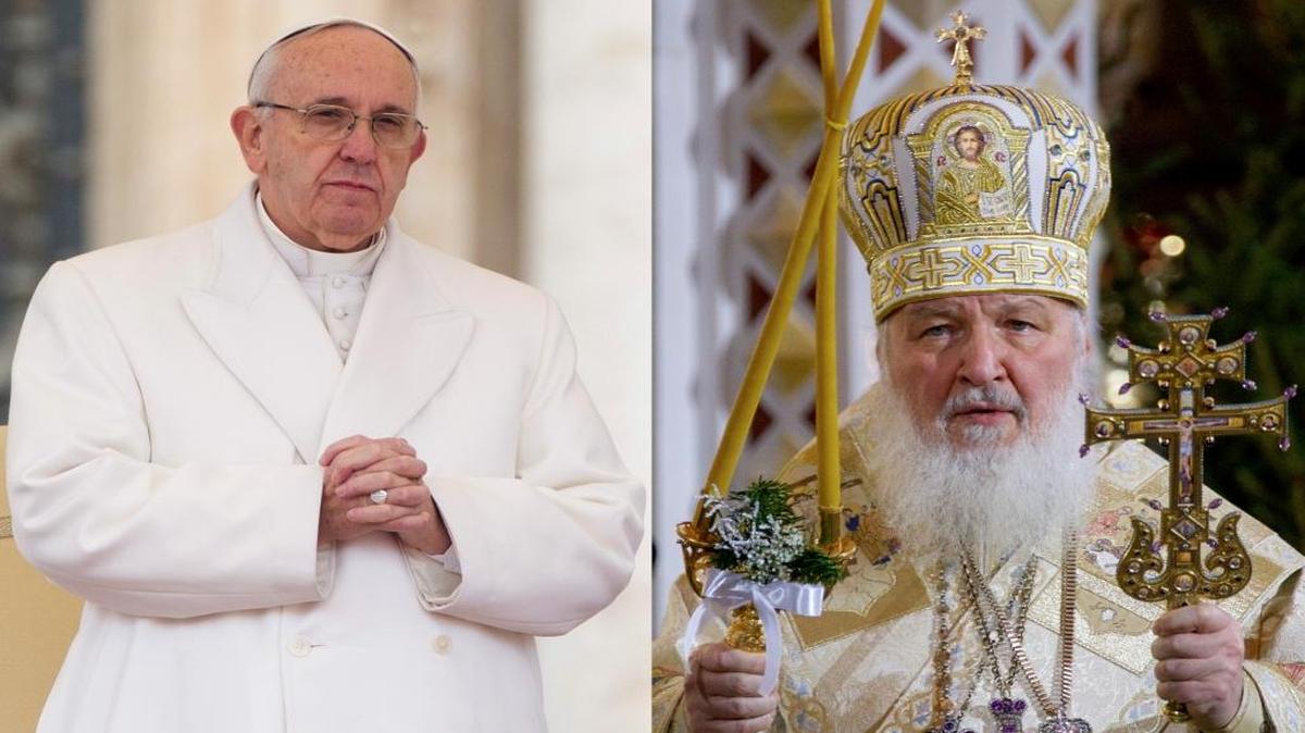 In this file photo combination, Russian Orthodox Patriarch Kirill, right, serves the Christmas Mass in the Christ the Savior Cathedral in Moscow, Russia, on Thursday, Jan. 7, 2016, and Pope Francis prays during an audience at the Vatican on Saturday, Jan. 30, 2016. They will meet in Cuba next week in a historic step to heal the 1,000-year-old schism that divided Christianity between East and West.